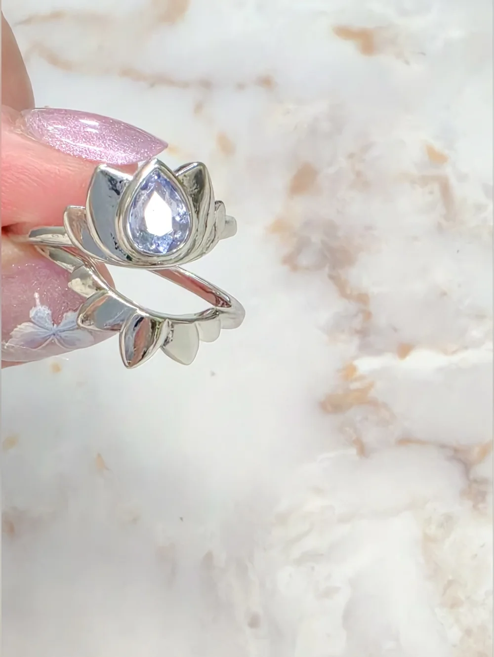 Boho Silvery Lotus Flower Ring Set | Blue Water Drop Crystal Size 8